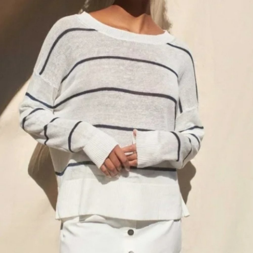 WHITE + WARREN oversized Linen Sweater Sz S White with Navy Stripes Long Slv